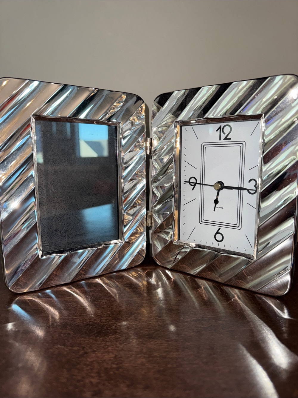 Vintage Silver Dual Photo Frame with Clock Quartz